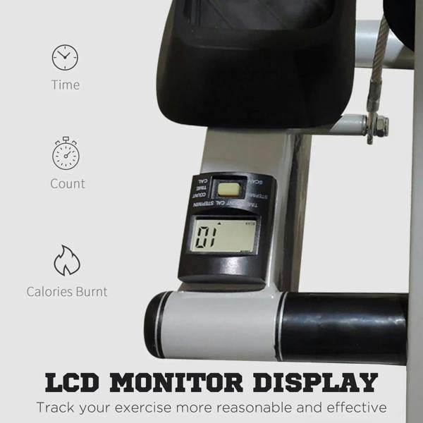 Grey stepper with LCD monitor display and textured black handlebar grips