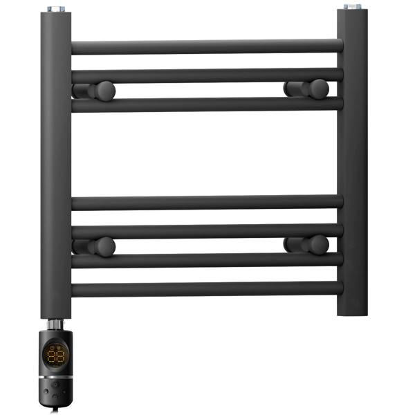 MYHOMEWARE 600 x 400 mm Matt Black Electric Bathroom Towel Rail Radiator Heater With AF Thermostatic Electric Element Pre-Filled
