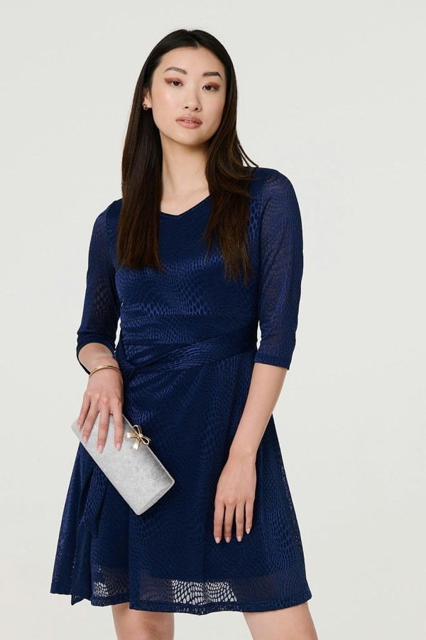 Navy | Lace Layer Tie Waist Short Skater Dress
