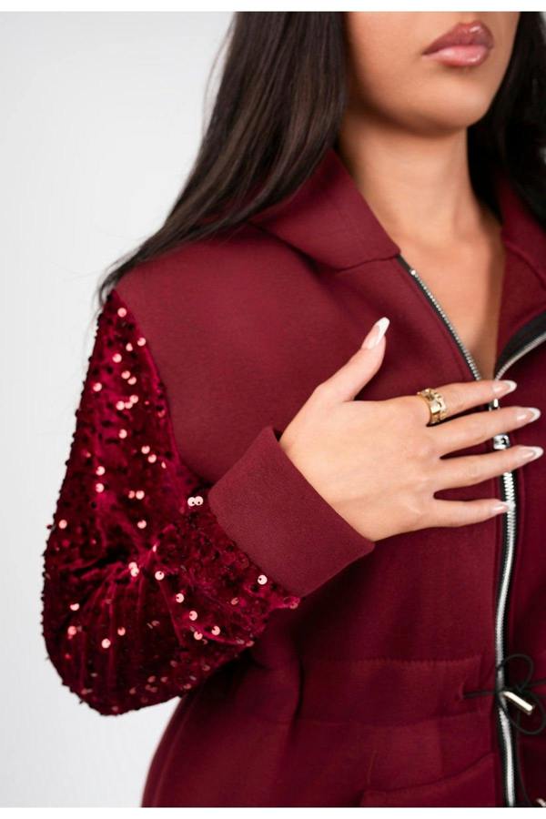 Evalora Zip Up Hoodie With Sequin Sleeve Detail - Wine
