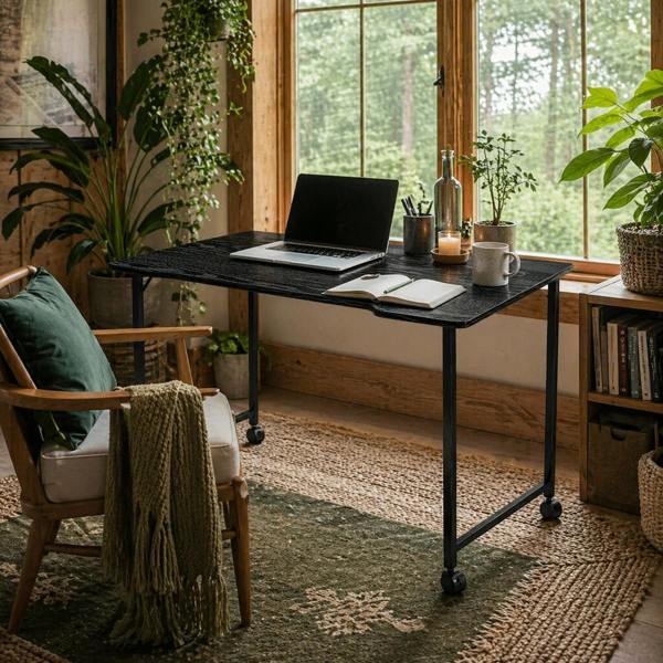 Wyld Haus Schut 80cm Wooden Black Folding Desk Lockable Wheels