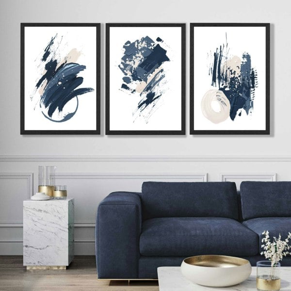 Abstract Set of 3 Minimal Blue Oil Painting Art Prints in Luxury Frames | Artze UK