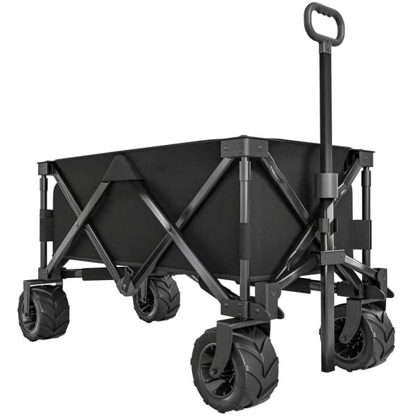 Black folding garden cargo wagon cart with telescopic pull handle and four all-terrain wheels