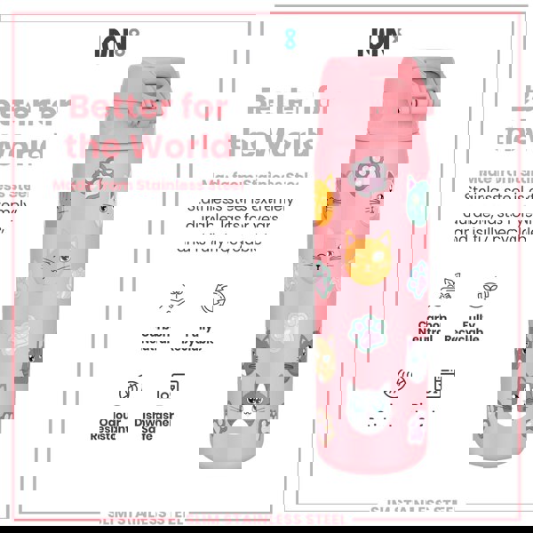 A pink stainless steel water bottle, featuring a cat design, is displayed against a white background. The bottle is described as durable, recyclable, odour resistant, and dishwasher safe. "Better for the World" and "ION8" are also visible.