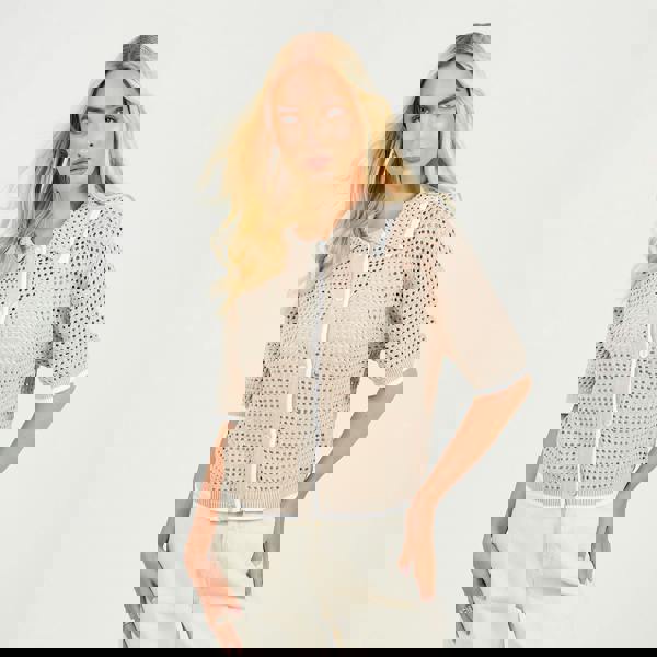 Brave Soul Stone Loose Knit Collared Blouse - Stone Image 1