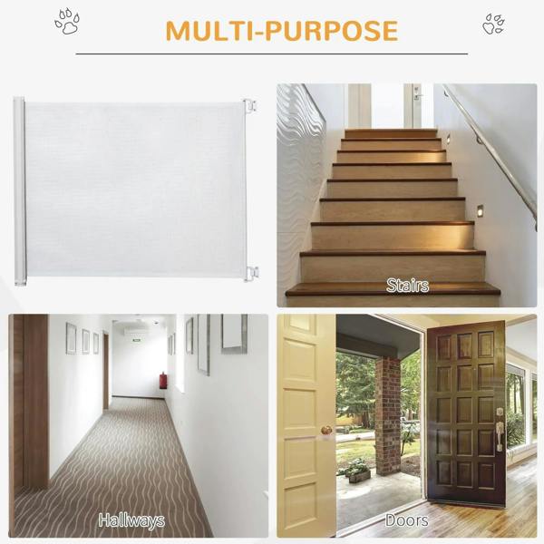 White retractable mesh safety gate shown for stairs, hallways, and doorways