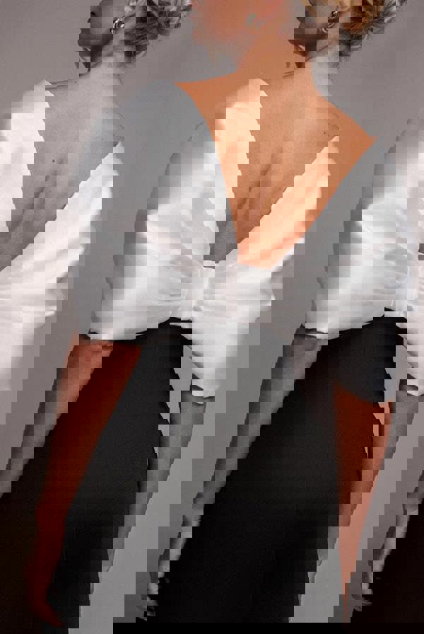 Contrast Off Shoulder Back Satin Bow Scuba Mini Dress - Black Cream DR4713CONTRAST