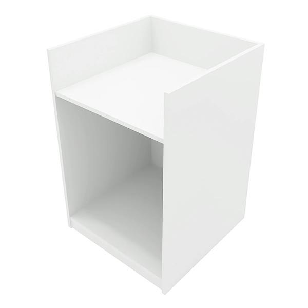 White Aries LED shop counter with a sleek, modern design, featuring a spacious top surface and open storage area below