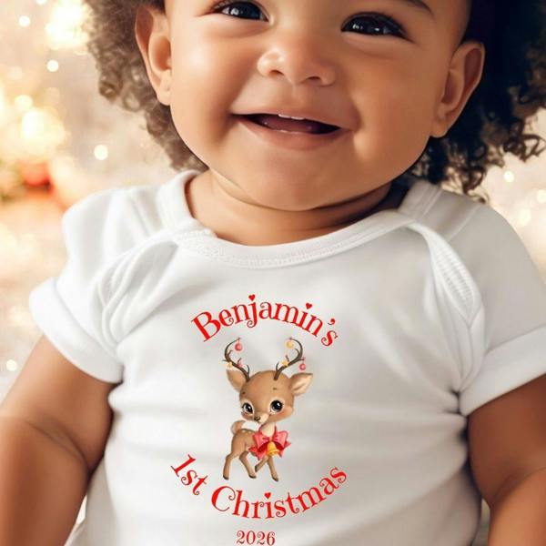 Personalised 1st Christmas Reindeer Baby Vest, Babygrow or Bib, Newborn Xmas Gift