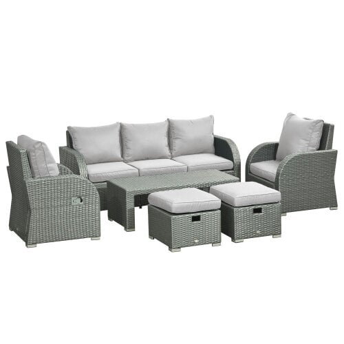Wyld Haus Tanette Rattan Grey 7 Seater Outdoor Sofa Set With Reclining 2 Armchairs And 2 Stools