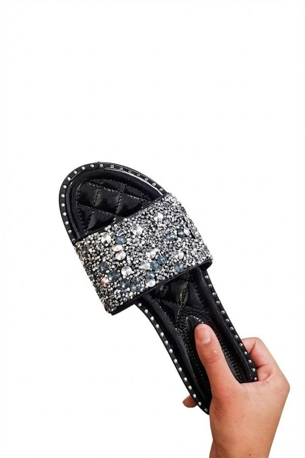 Sofie Embellished Slip On Sandals - Black_wb