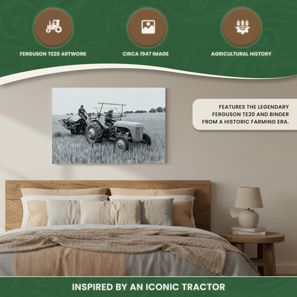 Ferguson TE20 Tractor and Binder Canvas Picture Print, Circa 1947 Black and White, 60 x 40 cm, Stretched Canvas on Wooden Frame