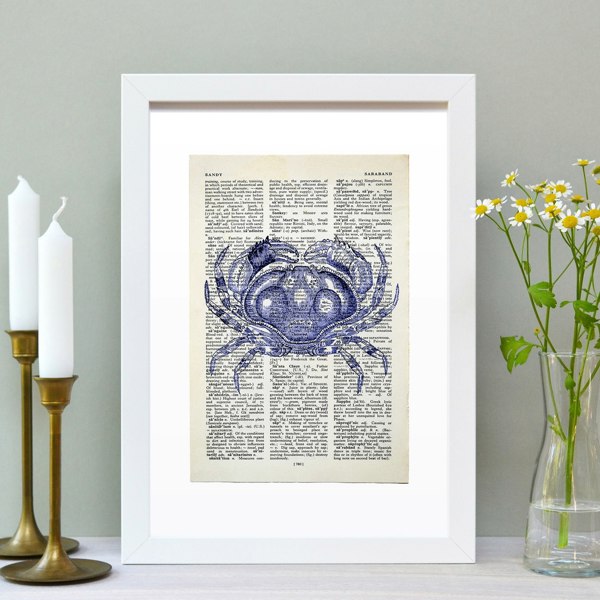 Hands & Hearts Crab vintage book page art print