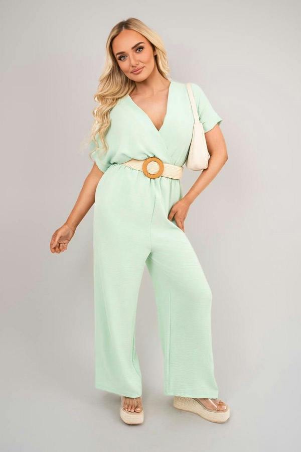 Ailina V Neck Short Sleeve Wide Leg Jumpsuit With Woven Belt - Mint