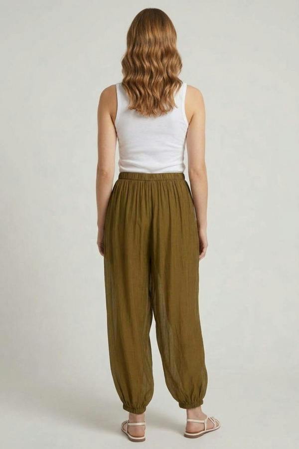 Olive | Semi Sheer Layer High Waist Harem Pants