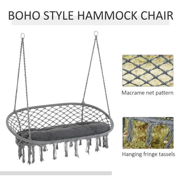 Boho dark grey macrame hammock swing chair with round net, fringe tassels, and padded seat