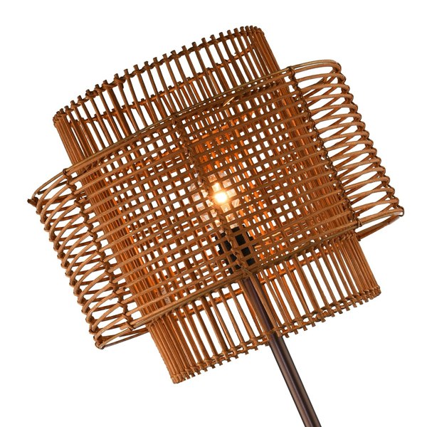 Unique Vintage Metallic Brown Floor Lamp with Natural Rattan Double Round Shades Image 5