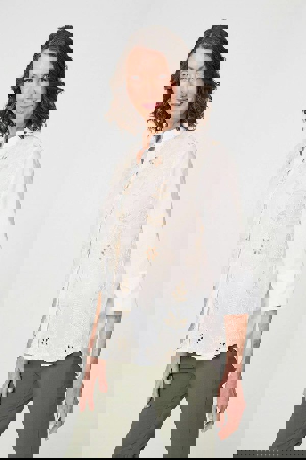 White | Floral Embroidered Texture V-Neck Blouse
