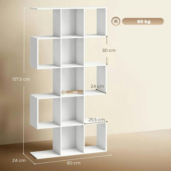 5-Tier Bookshelf, S Shaped Geometric Bookcase with 15 Compartments, White Wood Effect