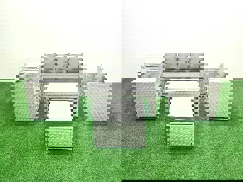 Fimous Rattan Garden Furniture Set 6 Pieces Outdoor Garden Sofa Oblong Coffee Table Set with 2 Chairs Side Tabe Stool Light Grey Mixed