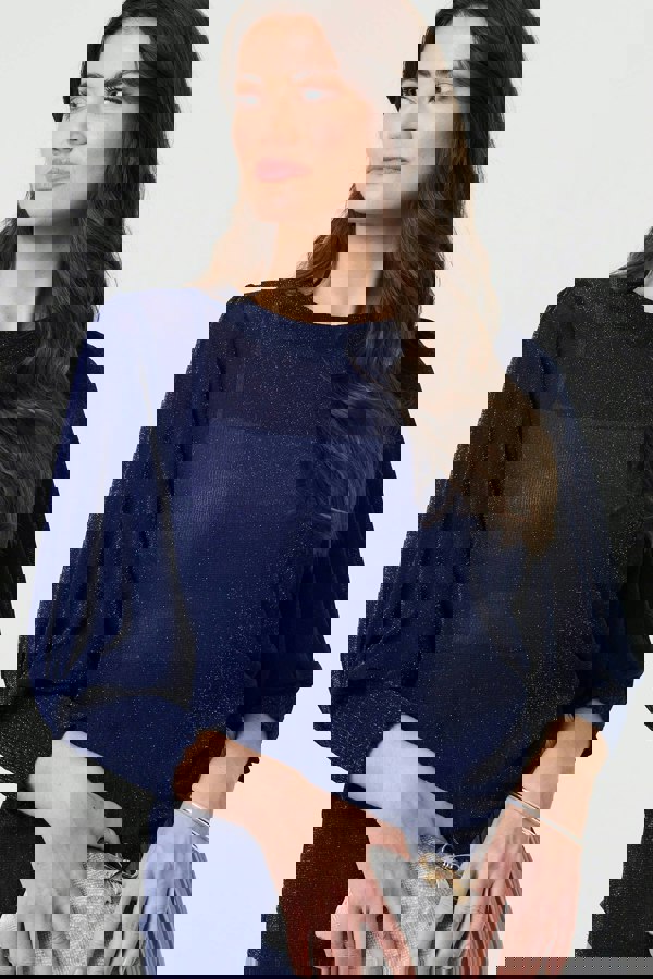 Navy | Sparkly 3/4 Puff Sleeve Mesh Top
