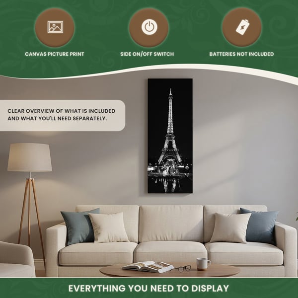 Large Eiffel Tower at Night Canvas Picture Print in Black & White with 10 LED Lights, Battery Powered