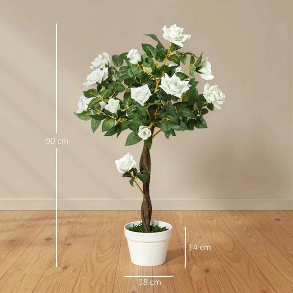 Artificial white rose floral plant with green leaves and brown trunk in white pot