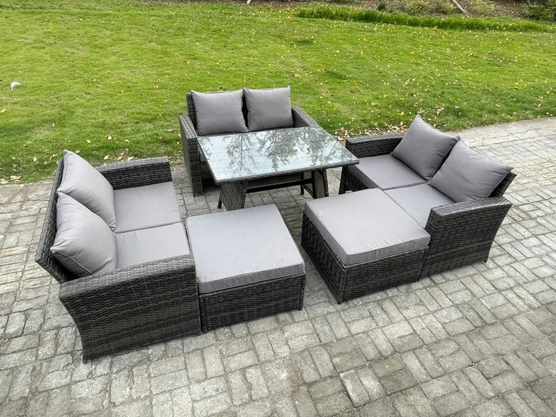Fimous 8 Seater Dark Grey Mixed PE Rattan Outdoor Dining Set - Rectangular Dining Table, Double Sofa & 2 Footstools