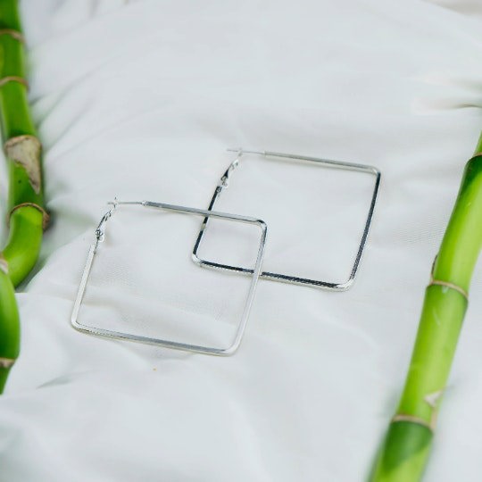 The Colourful Aura Silver Thin Line Square Geometric Large Dainty Threader Statement Hoop Earrings