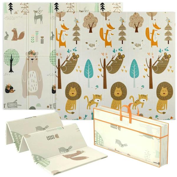 Foldable reversible baby play mat with colorful woodland animal print, double-sided design