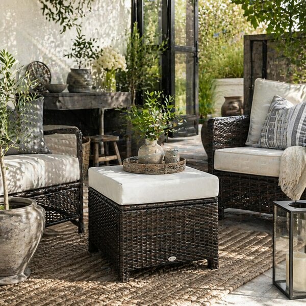 Wyld Haus Molo Rattan Brown Square Outdoor Footstool With Padded Cushion