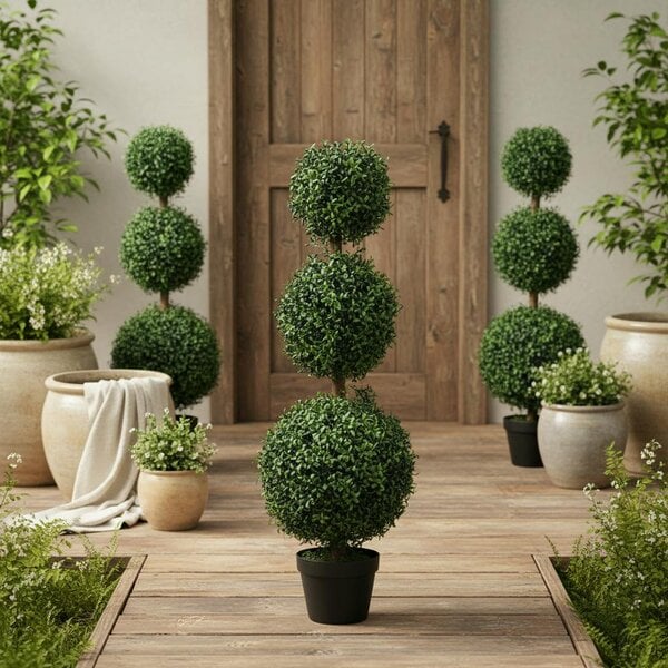 Wyld Haus Rafile Set Of 2 Artificial Boxwood Topiary Trees With Triple Ball Design H8 100cm