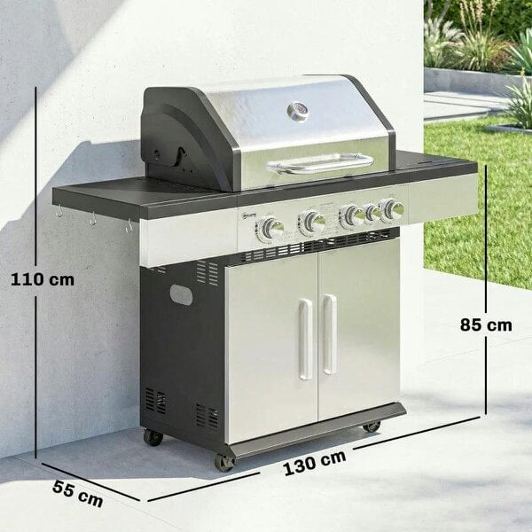 Bobobiy 4+1 Burner Gas BBQ Grill, Portable Gas Barbecue Grill with Side Burner, Warming Rack, Side Shelf, Storage Cabinet