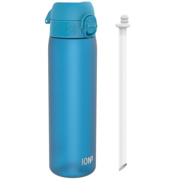 A blue water bottle with a lid and carrying handle sits beside a white straw; both are displayed against a white background. ION8 is printed on the bottle.