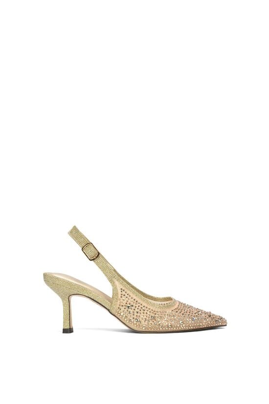 XY LONDON Diamante Slingback Court Shoes With Low Kitten Heel - Gold