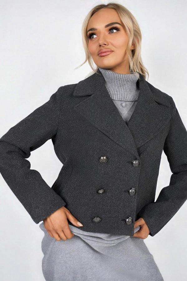 Leona Cropped Double Breasted Jacket With Luxe Button Detail - Black