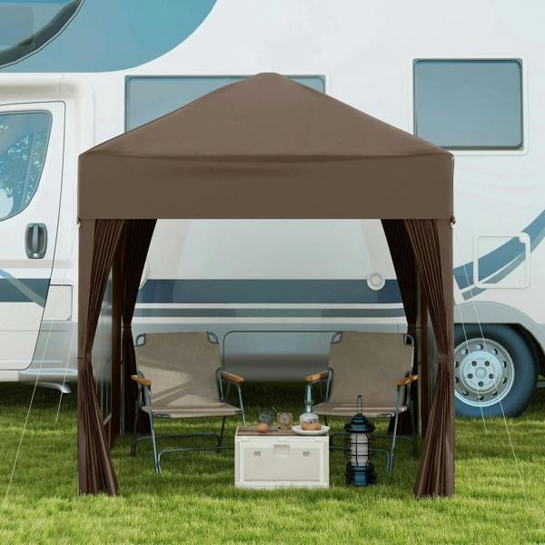 Coffee-brown pop-up gazebo tent with open front and draped side curtains