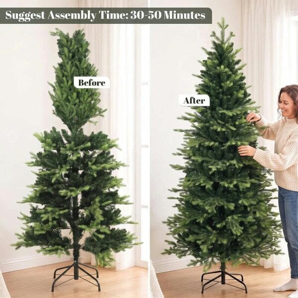 Bobobiy Geneva Fir Hinged Xmas Tree, 7ft/210cm Artificial Christmas Tree with 2079 Branch Tips, Foldable Steel Stand, Green