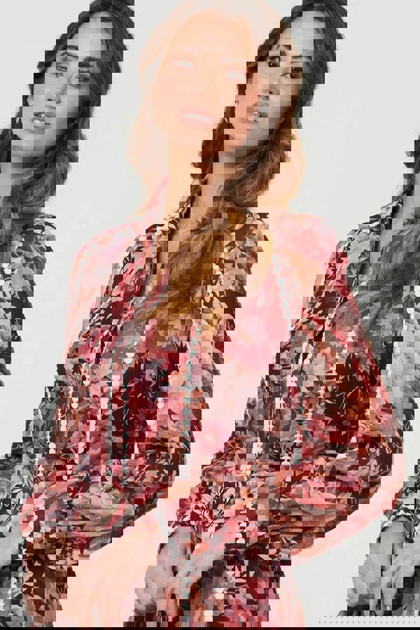 Burgundy | Floral Lace Detail Long Sleeve Maxi Dress