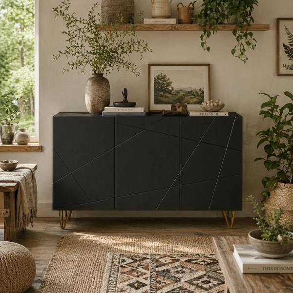 Wyld Haus Fayosa High Gloss Black Sideboard With Golden Hairpin Legs