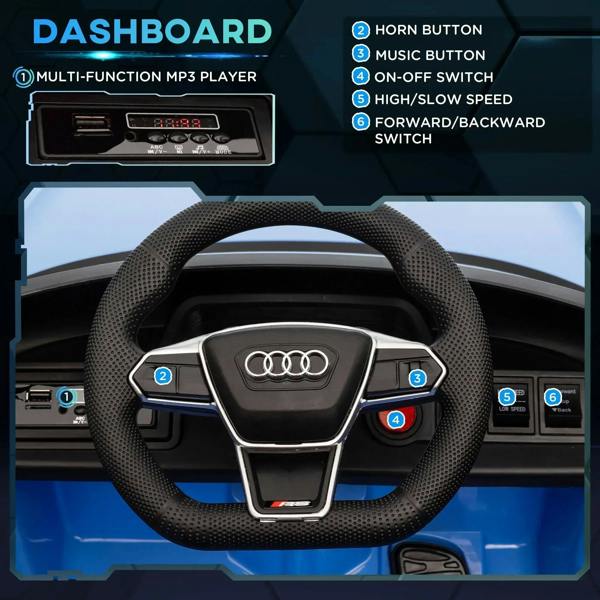 Blue kids electric ride-on steering wheel and dashboard with MP3 player controls