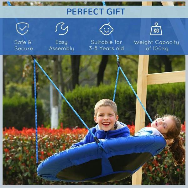 Blue hanging swing seat with two children sitting and holding the rope straps