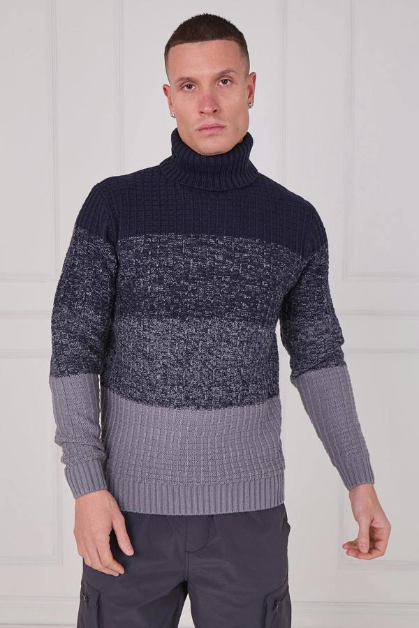 Men's Textured Roll Neck Jumper - Navy