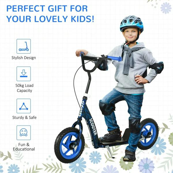 Kids kick scooter with blue frame, adjustable handlebar, black deck, and EVA wheels