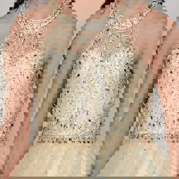 beaded detail on a lemon dress