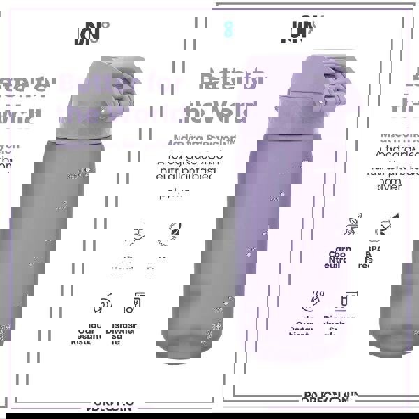 A lavender-colored water bottle sits on a white background. It's made from a plant-based polymer, is BPA-free, dishwasher safe, and odor resistant. The bottle displays volume markings.