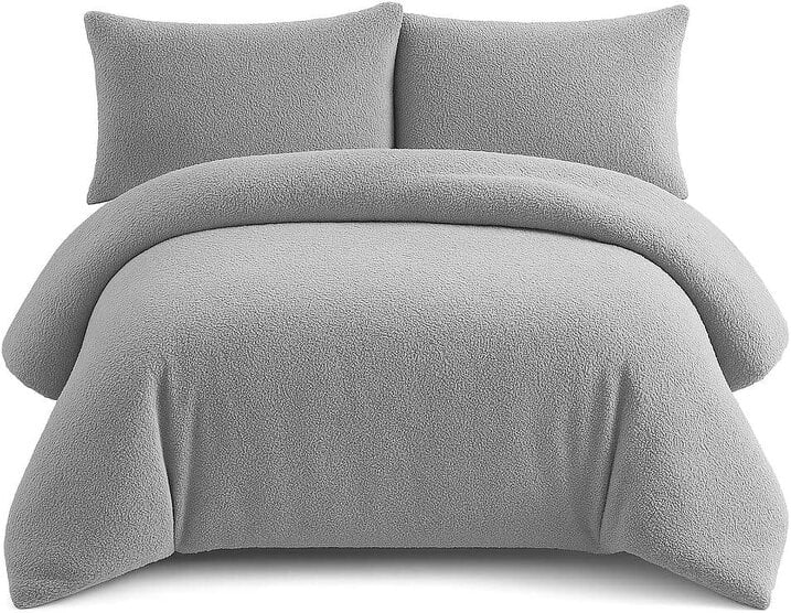 Night Zone Teddy Fleece Duvet Cover Set – Soft Warm Teddy Bear Bedding with Pillowcases - Silver