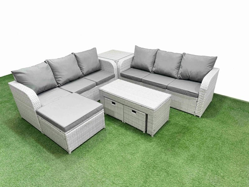 Fimous 9-Seater High Back Rattan Garden Furniture Set - Light Grey Wicker Sofa with Oblong Coffee Table & 3 Stools