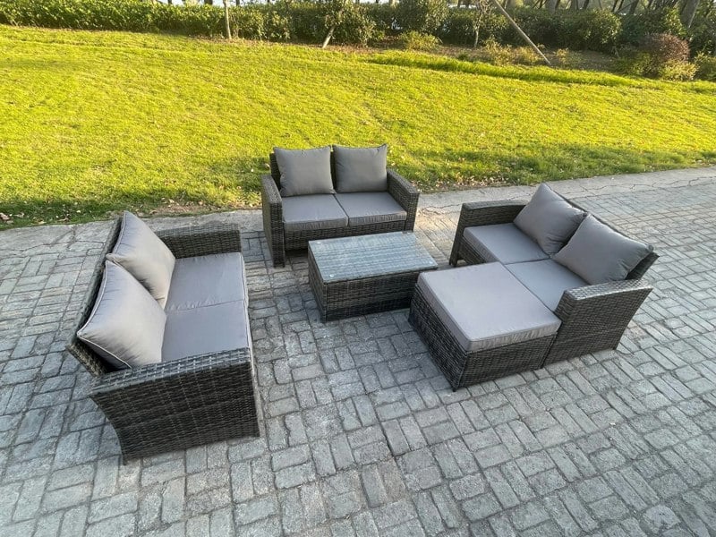 Fimous Dark Grey 7 Seater Outdoor Rattan Garden Furniture Set Patio Love Sofa Rectangular Coffee Table Set with Big Footstool