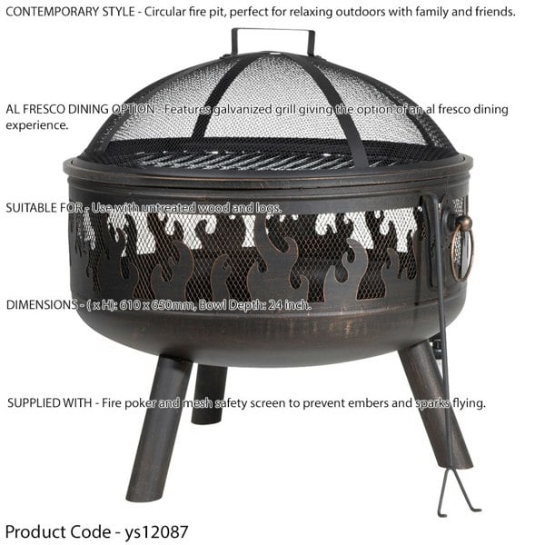 Round Fire Pit Wood Burner & BBQ Grill - Party Dining Garden Heater & Mesh - LoopsDirect